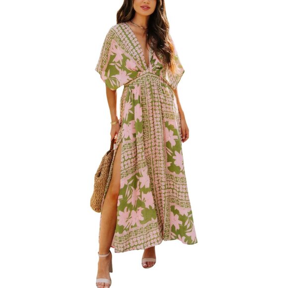 Women's Floral Boho Maxi Dress Deep V Neck Ruffle Hem Casual Elegant - Picture 1 of 7